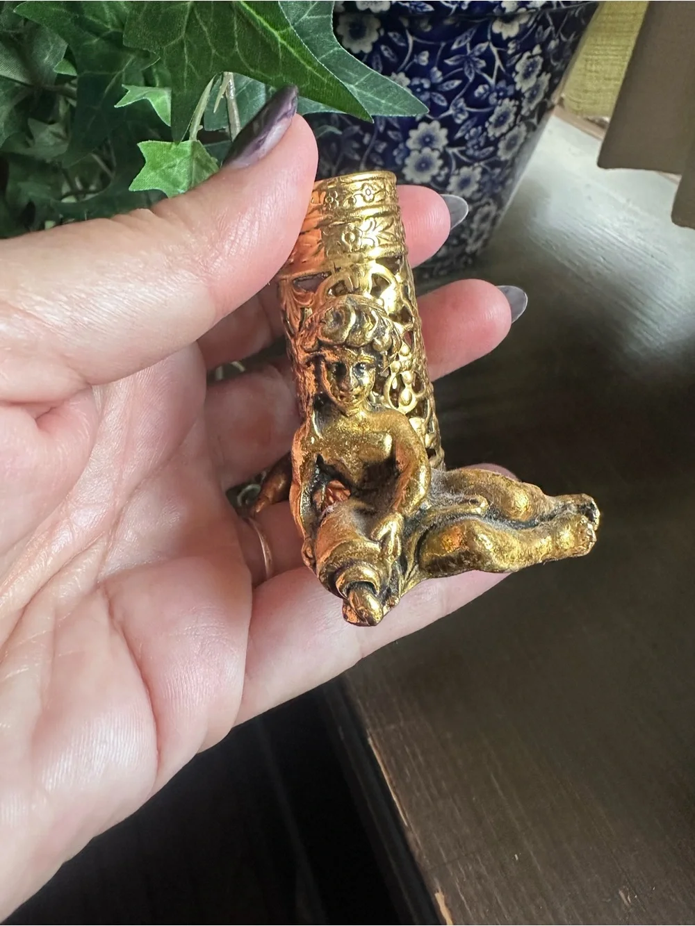 Vintage Gold Cherub Lipstick Holder